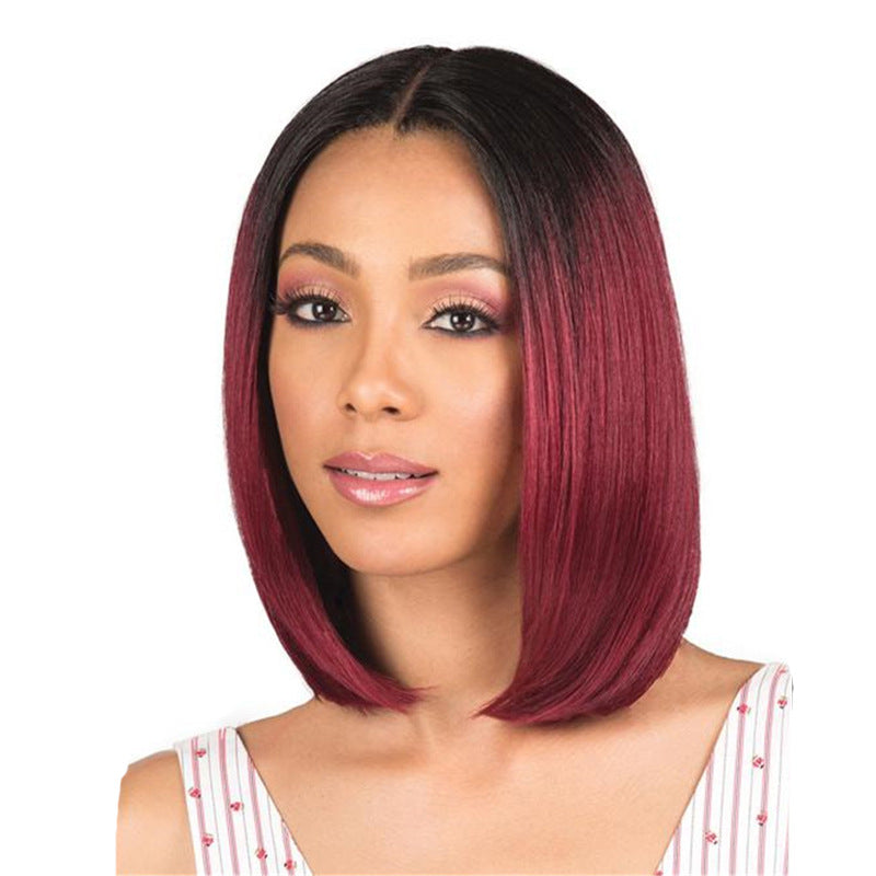 Wig Women&#039;s Short Straight Hair Black Gradient Wine Red Bobo Head