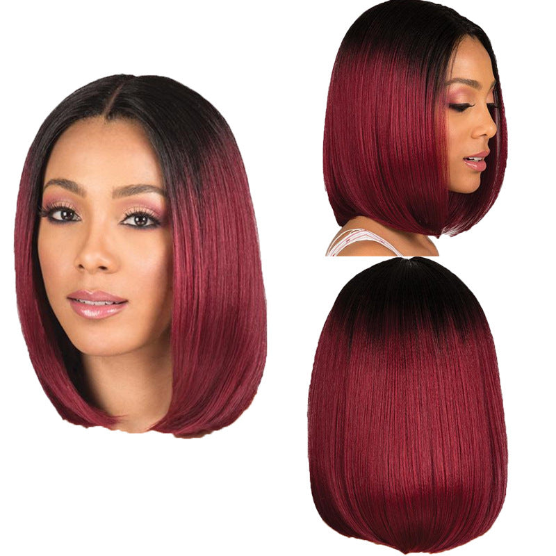 Wig Women&#039;s Short Straight Hair Black Gradient Wine Red Bobo Head