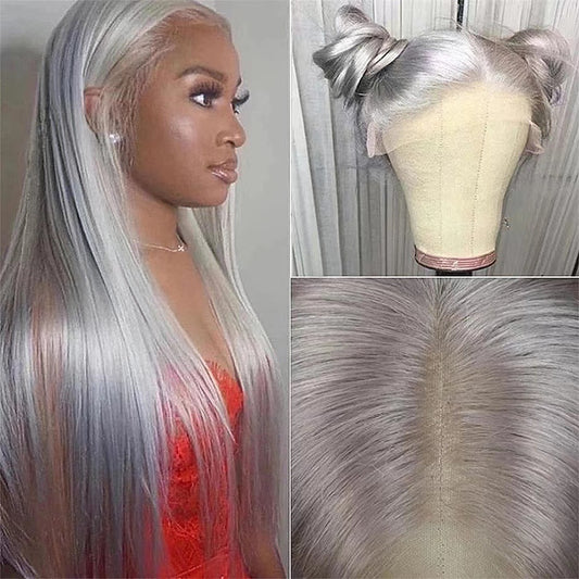 Lace Front Wigs Hot Sale In Europe And America Long Straight Hair Silver Gray Human Hair Wigs Pre Plucked