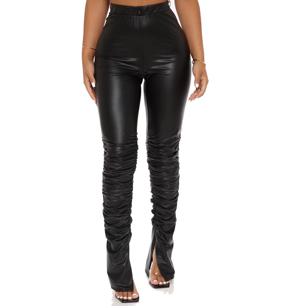 Cross-border Autumn  Fashion Sexy Tight Pleated High Waist Stretch Split PU Leather Pants