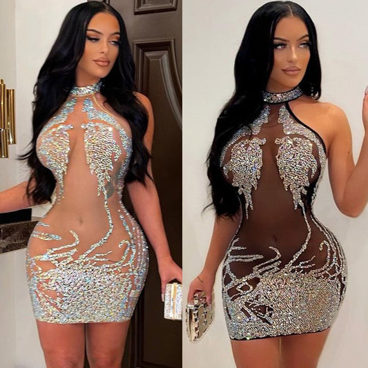 Sexy Tight-fitting Mesh Hot Drill See-through Nightclub Ladies Dress