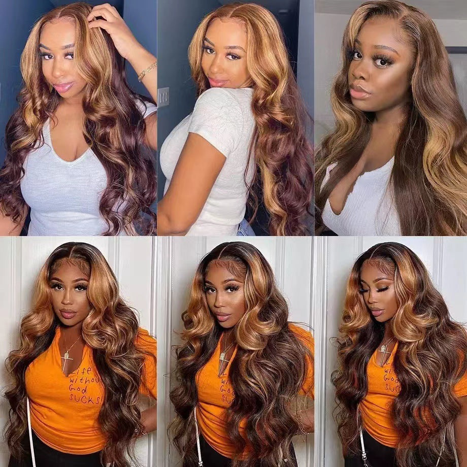 Women&#039;s Fashion Brown Dyed Long Curly Hair Middle Split Wig