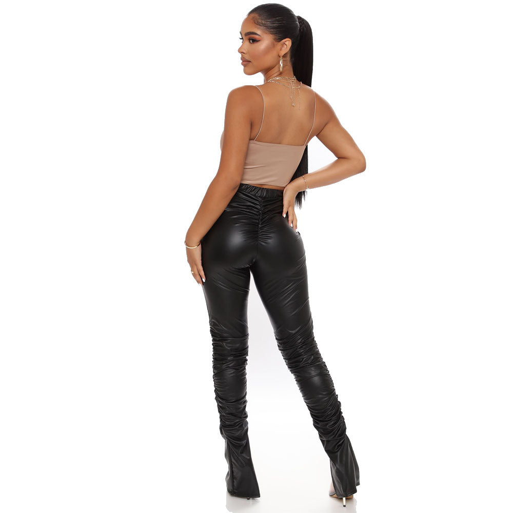 Cross-border Autumn  Fashion Sexy Tight Pleated High Waist Stretch Split PU Leather Pants