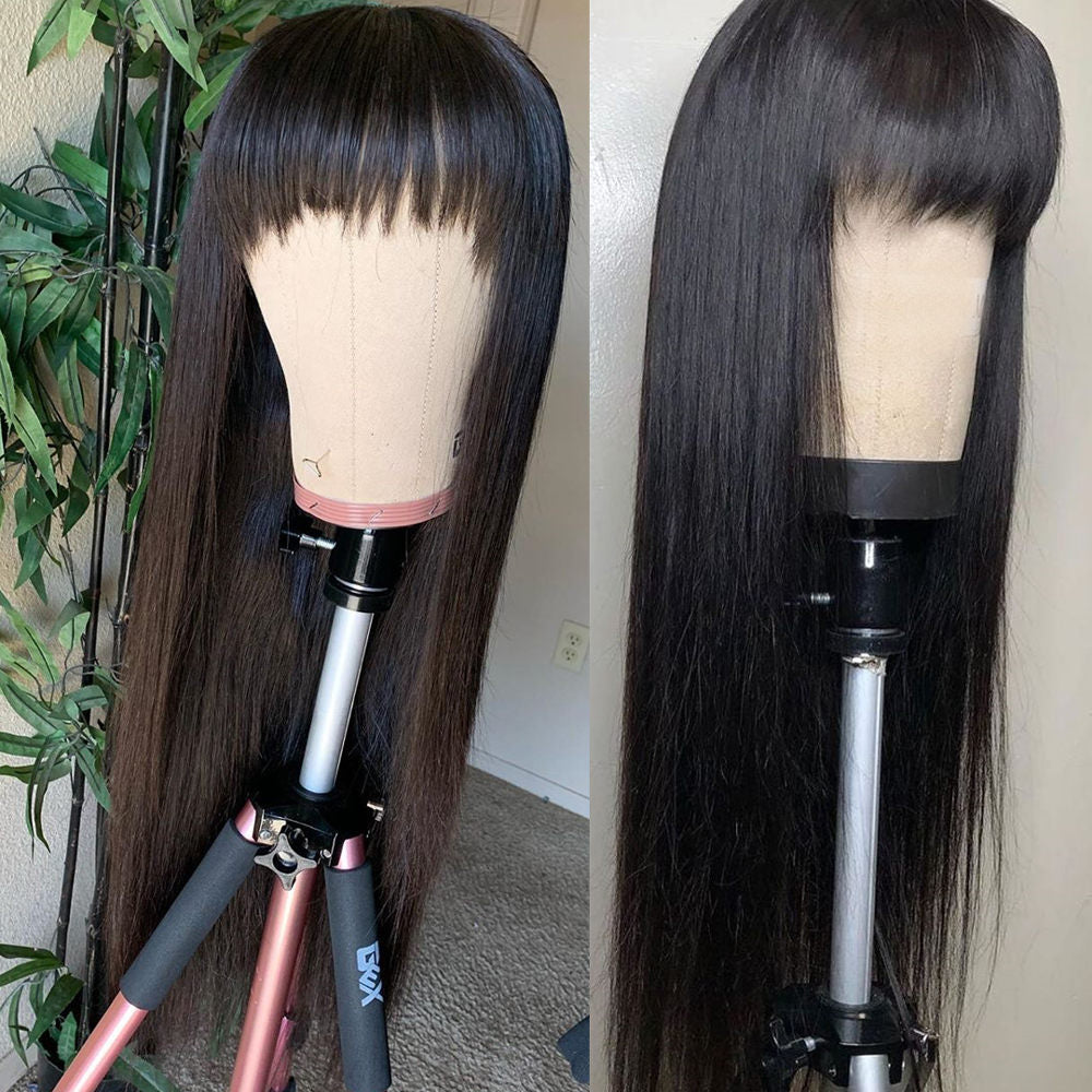 28 30 32 Inch Long Thick Bone Straight Human Hair Wig With Bangs 250 Density Glueless Machine Made Human Hair Wigs For