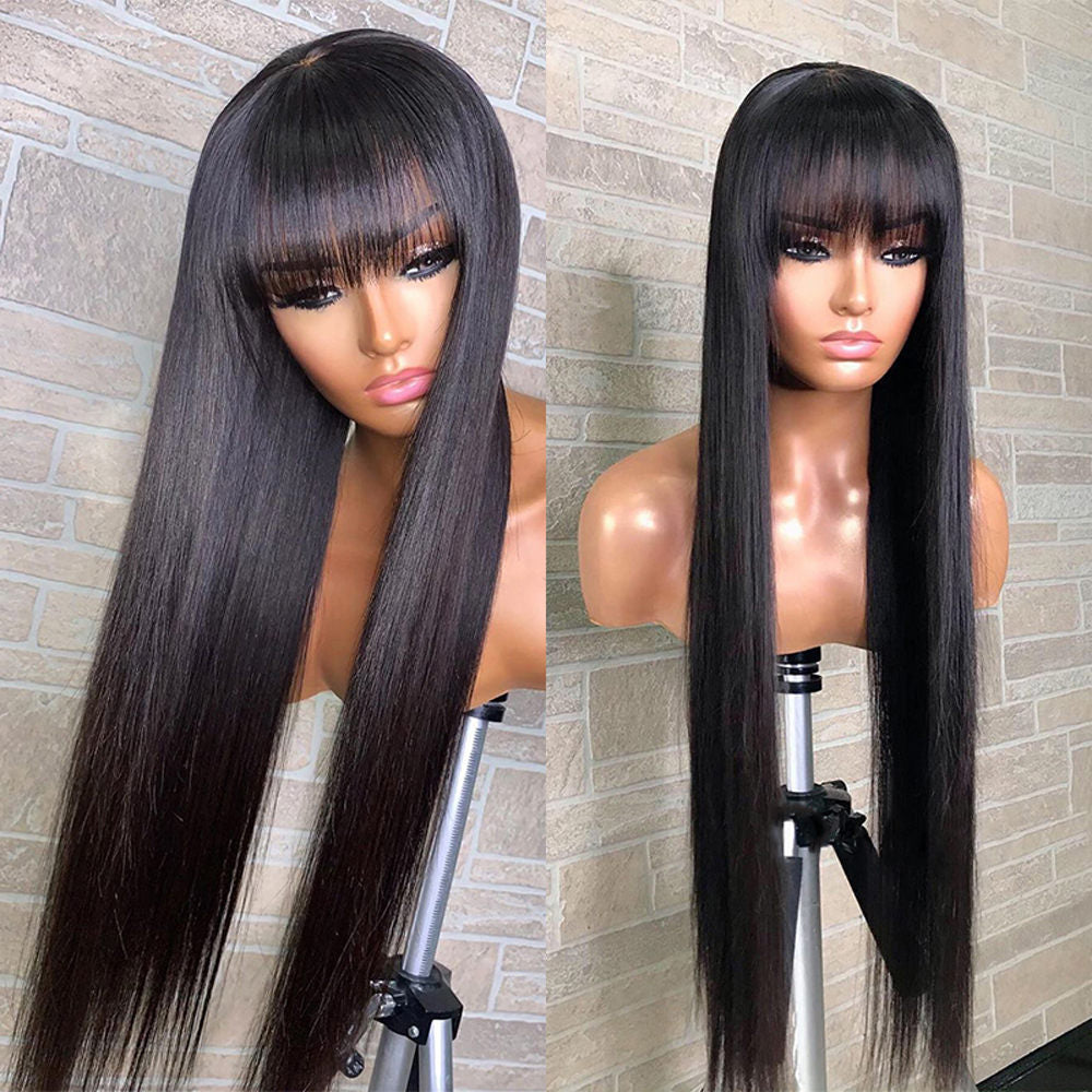 28 30 32 Inch Long Thick Bone Straight Human Hair Wig With Bangs 250 Density Glueless Machine Made Human Hair Wigs For